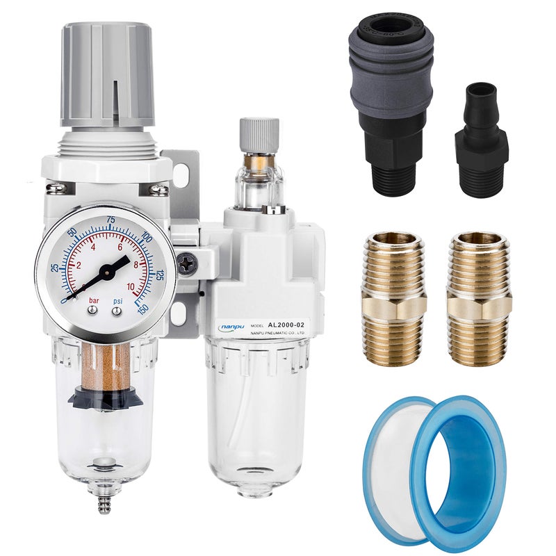 NANPU 1/4" NPT Compressed Air Filter Regulator Lubricator Combo Water/Oil Trap Separator - Gauge(0-150 psi), Poly Bowl, Semi-Auto Drain, Bracket - 3 in 1 Two Unit - Image 1